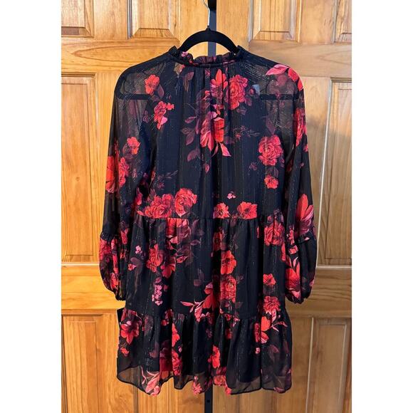 MSK Petite Black Red Floral Tiered Dress Long Sleeve Size PS Mini - Picture 4 of 7